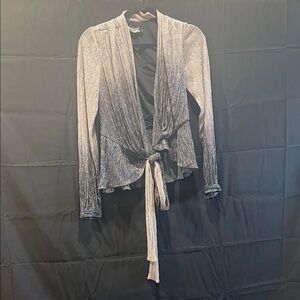 PatBO Metallic Silver Tie-Front Cardigan